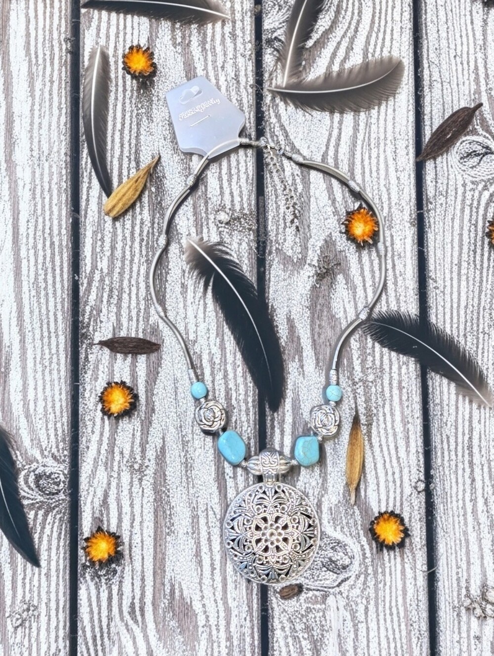 Handmade Boho Silver Filigree Pendant Necklace with Turquoise Beads